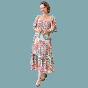 Vestido midi com decote quadrado